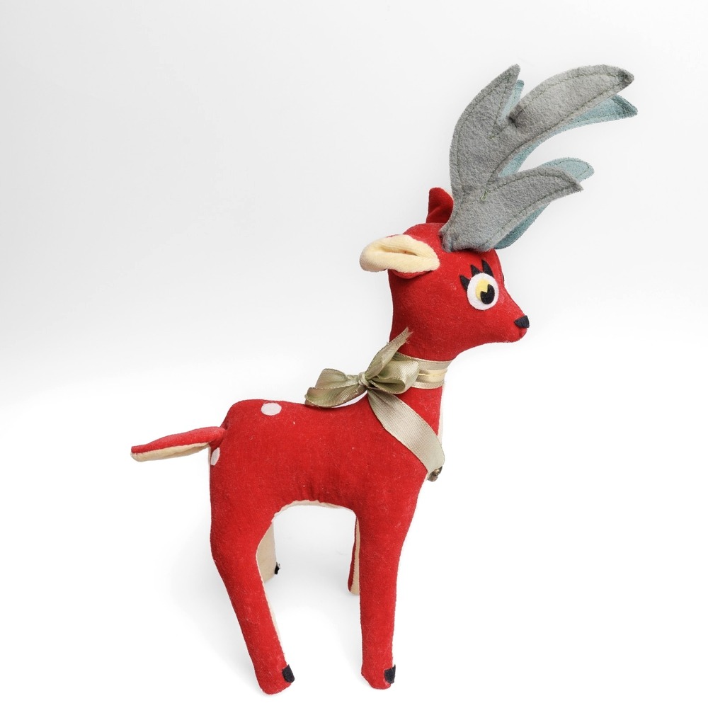 Vintage Mid-Century Christmas Reindeer Figurine Red And White Velvet 5" x 10"